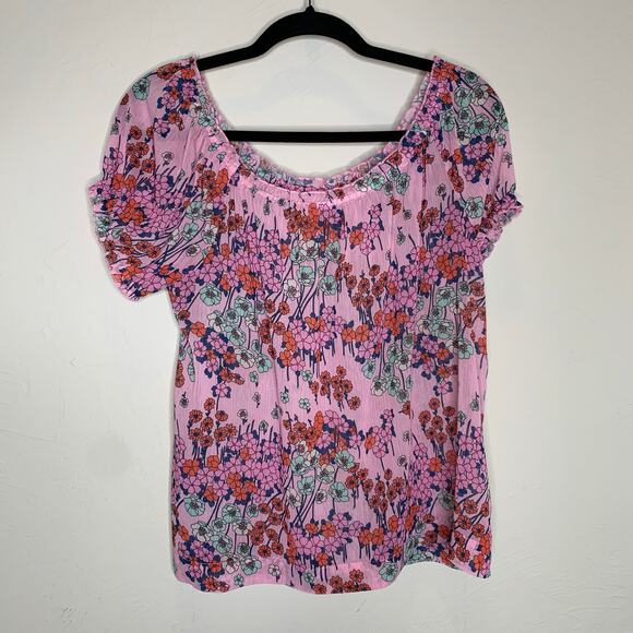 ModCloth Pink Floral Sheer Chiffon Blouse Sz Large Off Shoulder - Picture 5 of 8